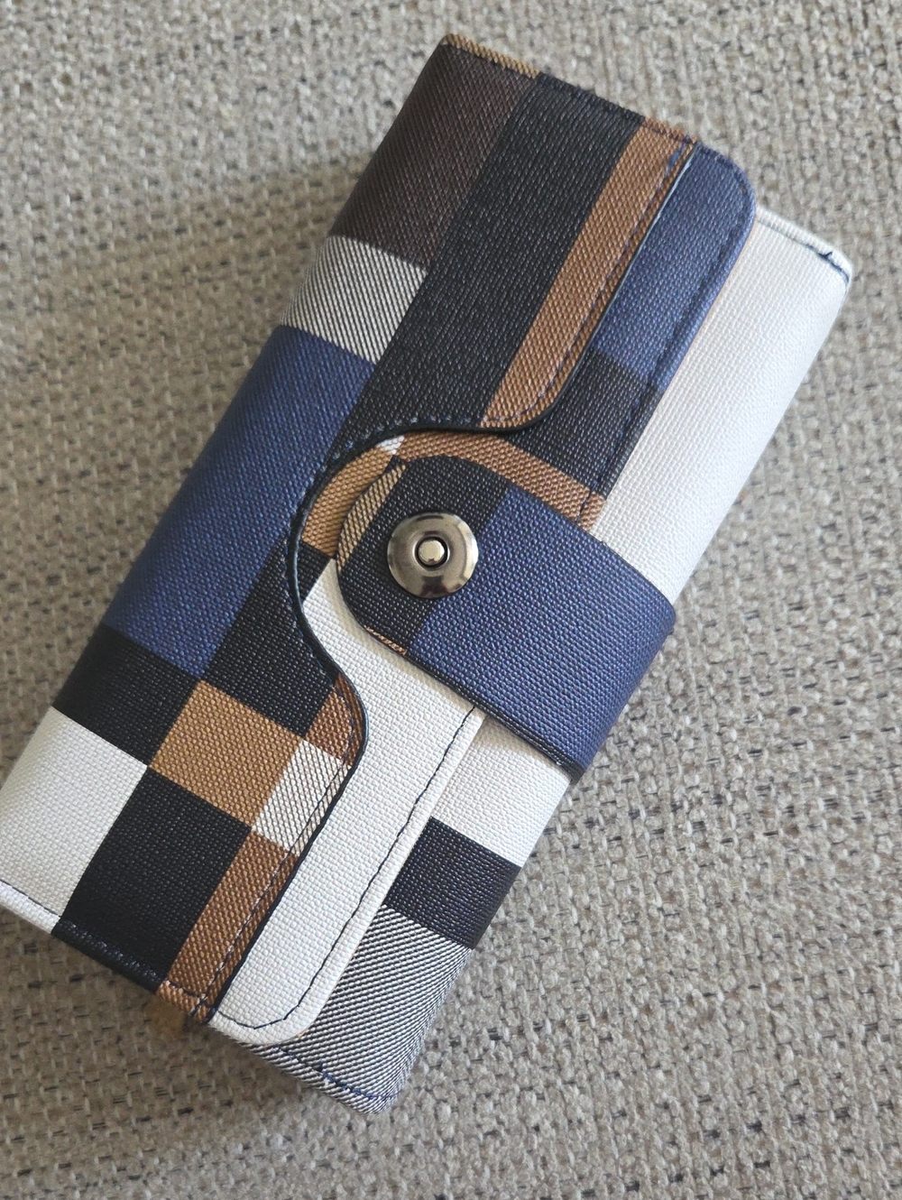 Plaid Snap Wallet in Navy, Black, White & Brown